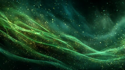 Abstract emerald green waves with sparkling gold dust creating a magical and ethereal background