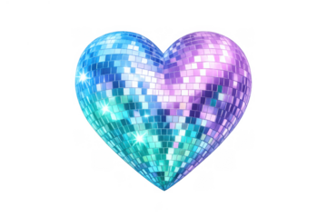 Disco heart shape ball representing love and party celebration with shimmering glitter reflections on transparent background