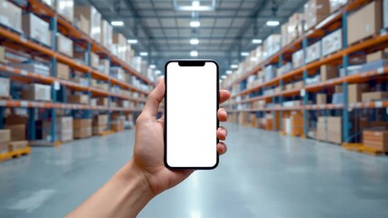 Hand holding smartphone blank white screen large modern warehouse shelves boxes pallets logistics inventory management - Powered by Adobe