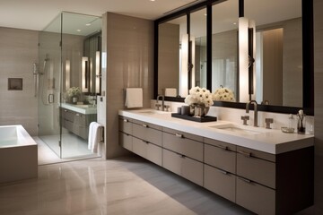 Elegant bathroom featuring a large double vanity, mirrors, glass shower, and white bathtub