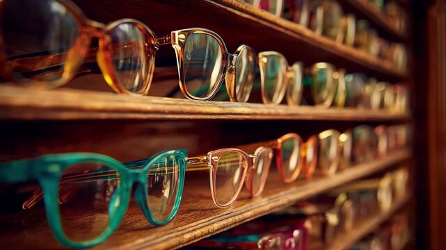 Open shelving filled with eyeglasses frames in a medium shot focusing on the accessibility and visual appeal of the organized eyewear collection.