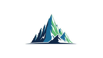 Minimalist yet striking illustration of abstract mountain peaks in varying shades of blue and green against a white background.
