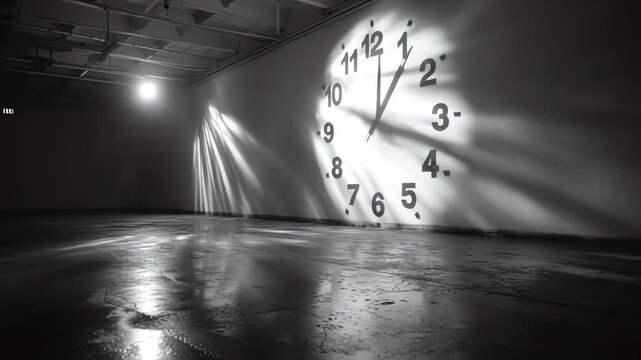 Shadow of a large wall clock in an empty industrial space