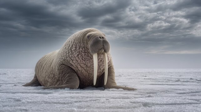 Massive walrus resting on cracked arctic ice, long ivory tusks, wrinkled textured skin, cold polar atmosphere, overcast sky, natural wildlife scene