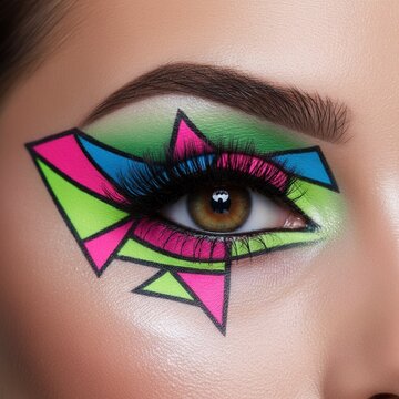 Geometric artistic makeup tutorial for female eyes, neon design with angular shapes, vibrant colors and creative eyeliner for fashion and beauty editorial.