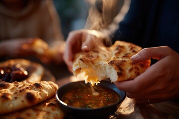 Adult hands dipping a piece of freshly baked, steaming Indian flatbread into a dark bowl of rich, savory curry under warm restaurant lighting.