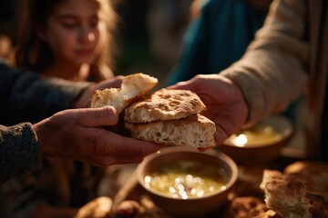 Middle Eastern adults and adolescent hands share broken flatbread over bowls of soup during a humble communal meal with warm, dramatic lighting.
