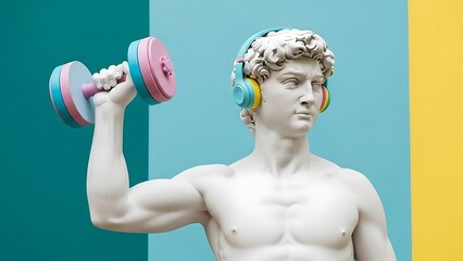 David statue wearing headphones and lifting dumbbell in hand, a symbol of fitness and music