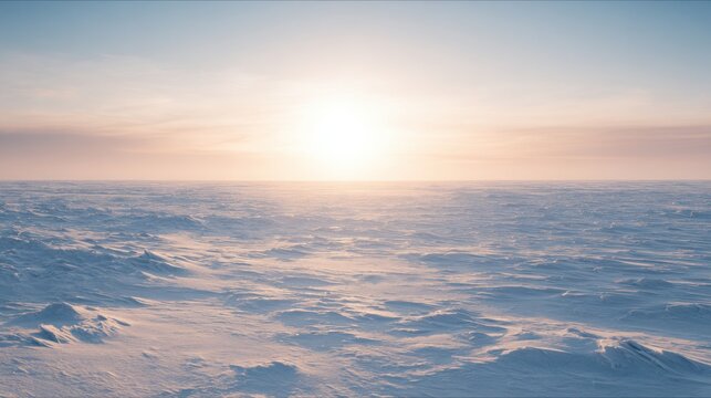 Minimalist arctic winter landscape with endless snow plains, low sun touching the horizon, soft pastel sky, extreme cold atmosphere, rare untouched