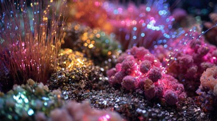 Fototapeta premium Vibrant Underwater Landscape with Colorful Corals and Glowing Light Reflections in a Mystical Oceanic Scene