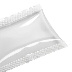 Close-up of glossy white packet isolated on transparent background