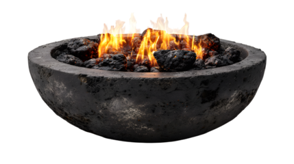 Modern outdoor fire bowl with flames isolated on white background