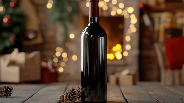 A festively wrapped bottle of red wine with holiday decor in the background, ideal for Christmas celebrations or winter festivities.