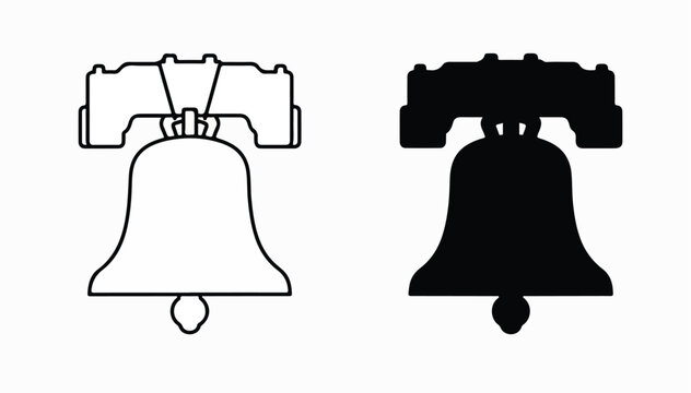 Black and white illustrations of the Liberty Bell in outline and silhouette on a plain white background.