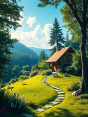 Cozy cottage nestled among lush greenery in a serene landscape,  green,  architecture