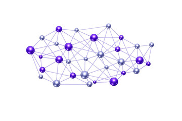 Abstract molecular structure connection concept featuring purple and silver spheres forming a intricate network, transparent background