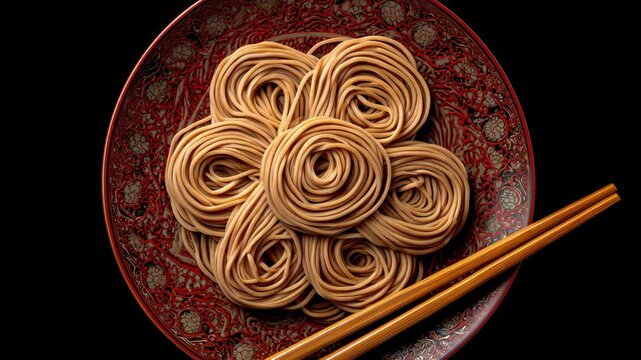 Arranging Cooked Noodle Nest on Decorative Plate with Wooden Chopsticks for Elegant Food Presentation