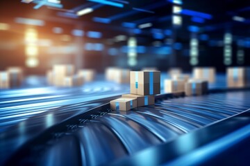Cardboard parcels moving on a futuristic automated conveyor belt system in a warehouse
