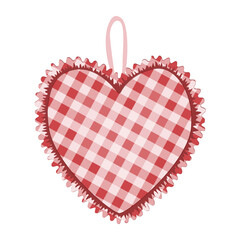 Hand made textile tattersall heart with cute ruffles, vector isolated illustration. Textile handicraft heart decoration on white background. Valentines Day design element
