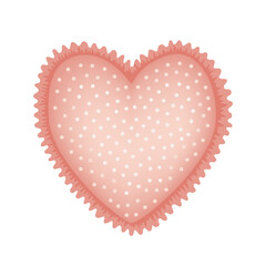 Hand made textile hanging heart with cute ruffles, vector isolated illustration. Textile handicraft heart decoration on white background. Valentines Day design element.