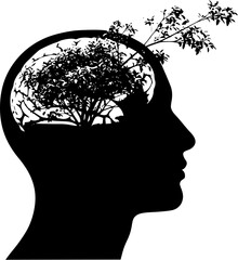 Mental Health/Self-Care: A side profile silhouette of a human head with a small, flourishing tree or plant growing out of the brain area.