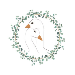 Goose couple in floral eucalyptus wreath frame. Cute Hugging birds isolated vector illustration. Greeting Valentine day, wedding or romantic card design element