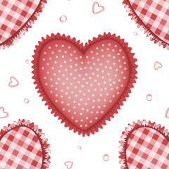 Seamless pattern with cute tattersall and polka dot hearts with cute ruffles. Textile handicraft heart background