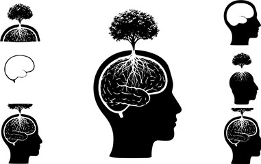 Mental Health/Self-Care: A side profile silhouette of a human head with a small, flourishing tree or plant growing out of the brain area.