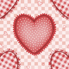 Seamless pattern with cute tattersall and polka dot hearts with cute ruffles. Textile handicraft heart background