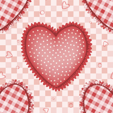 Seamless pattern with cute tattersall and polka dot hearts with cute ruffles. Textile handicraft heart background