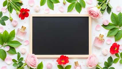 Elegant Floral Frame with Roses, Green Leaves and Perfume Bottles on White Background