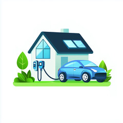 Fototapeta premium Flat vector illustration of a home electric vehicle charging station with a modern house and electric car. Concept of smart home, renewable energy, green lifestyle and sustainable living