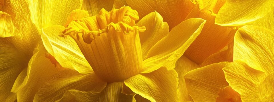 Panoramic floral texture of daffodil petals and trumpet forms, vibrant yellow gradients, clean organic geometry, bright spring mood, hyper detailed