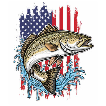 speckled trout fishing american flag logo vector illustration