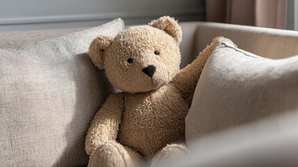 Plush teddy bear leaning against a pillow on a sofa, cozy neutral interior, warm ambient light, symbol of emotional support and comfort, high quality