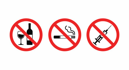 Graphic illustration of three red circle prohibited symbols for no alcohol, smoking, and drugs on a white background.