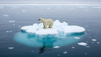 A lone polar bear stands precariously on a small, isolated ice floe in the vast, open ocean under a grey, overcast sky, symbolizing the urgent threat of climate change to arctic wildlife.