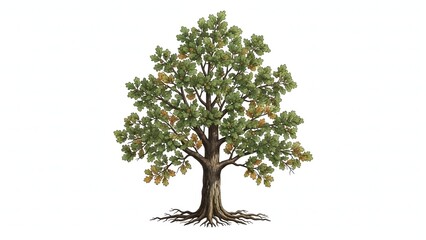 Obraz premium A mature oak tree with lush green foliage and exposed roots