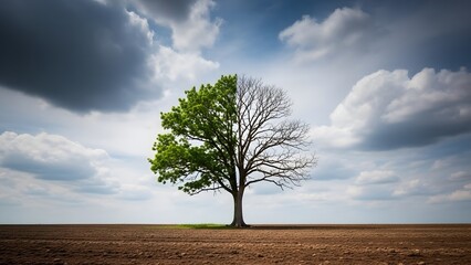 A solitary tree, visibly split with one side flourishing in green leaves and the other side barren, stands in an open field under a cloudy sky, representing environmental change.