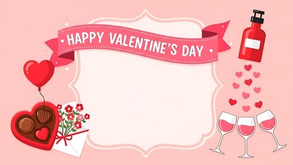 Cute Valentine&rsquo;s Day Frame with Hearts, Chocolates, Gifts and Copy Space on Pink Background