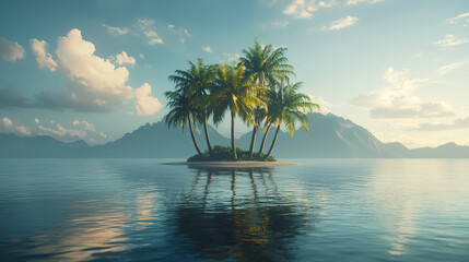 A serene tropical island with palm trees reflects peacefully in the calm ocean water, creating a stunning vista under a partly cloudy sky and distant mountains.