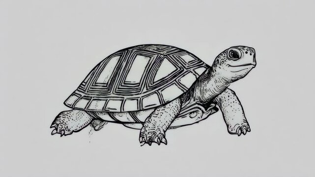 Black and white illustration of a turtle with detailed shell and textured skin