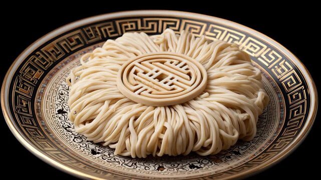 Serving Freshly Cooked Noodle Nest on Decorative Ceramic Plate with Traditional Pattern