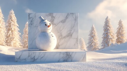 Cute snowman display platform featuring white marble pedestal in a sunny winter wonderland forest setting