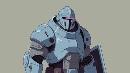 Formidable futuristic knight stands clad in robust light blue metallic armor, exuding strength and readiness for battle.