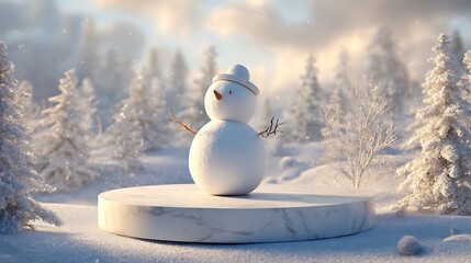 Adorable three dimensional snowman figure standing on a white marble pedestal in a snowy forest setting