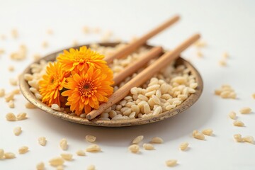 Close-up of dhoop (incense) sticks and yellow flowers with grains in a round plate isolated on white surface