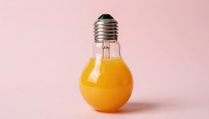 A transparent glass light bulb filled with vibrant orange juice, standing upright on a pastel coral background, clever visual metaphor with playful tone with copy space