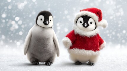 Adorable baby penguins stand in snowy winter landscape with one wearing a festive little Santa suit