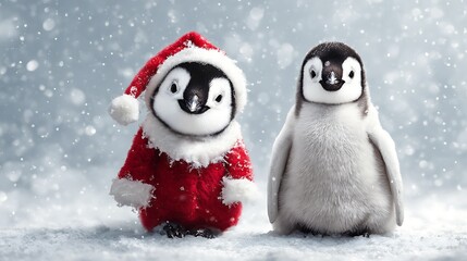 Two adorable baby penguins standing in falling snow one wearing a festive Santa costume